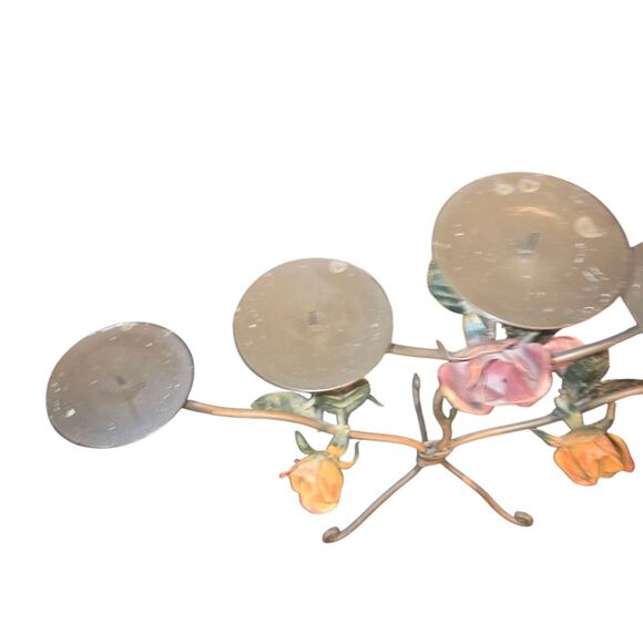 Vintage Metal Toleware Rose Accented 5 Arm Pillar Candle Candelabra 21"X15"X6" - Picture 3 of 11
